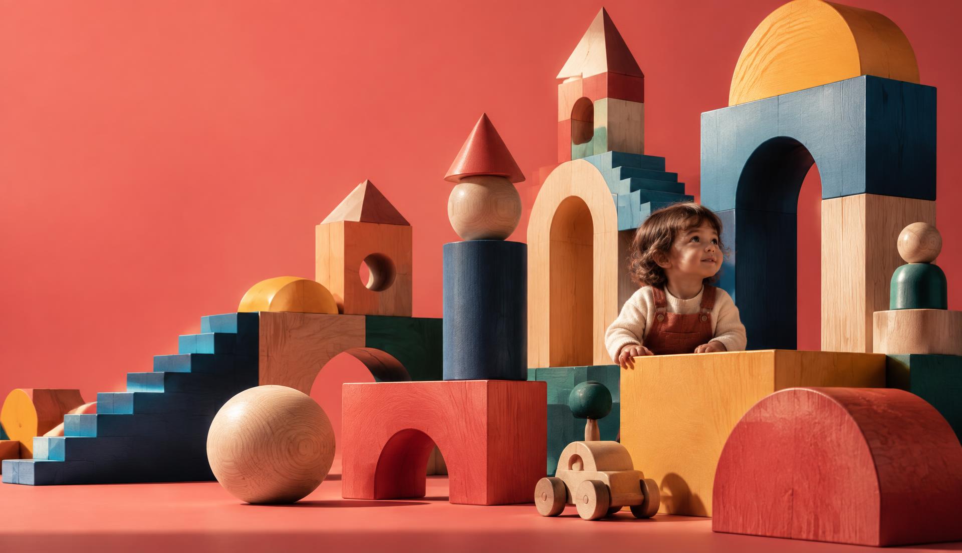 A child among monumental colorful wooden blocks