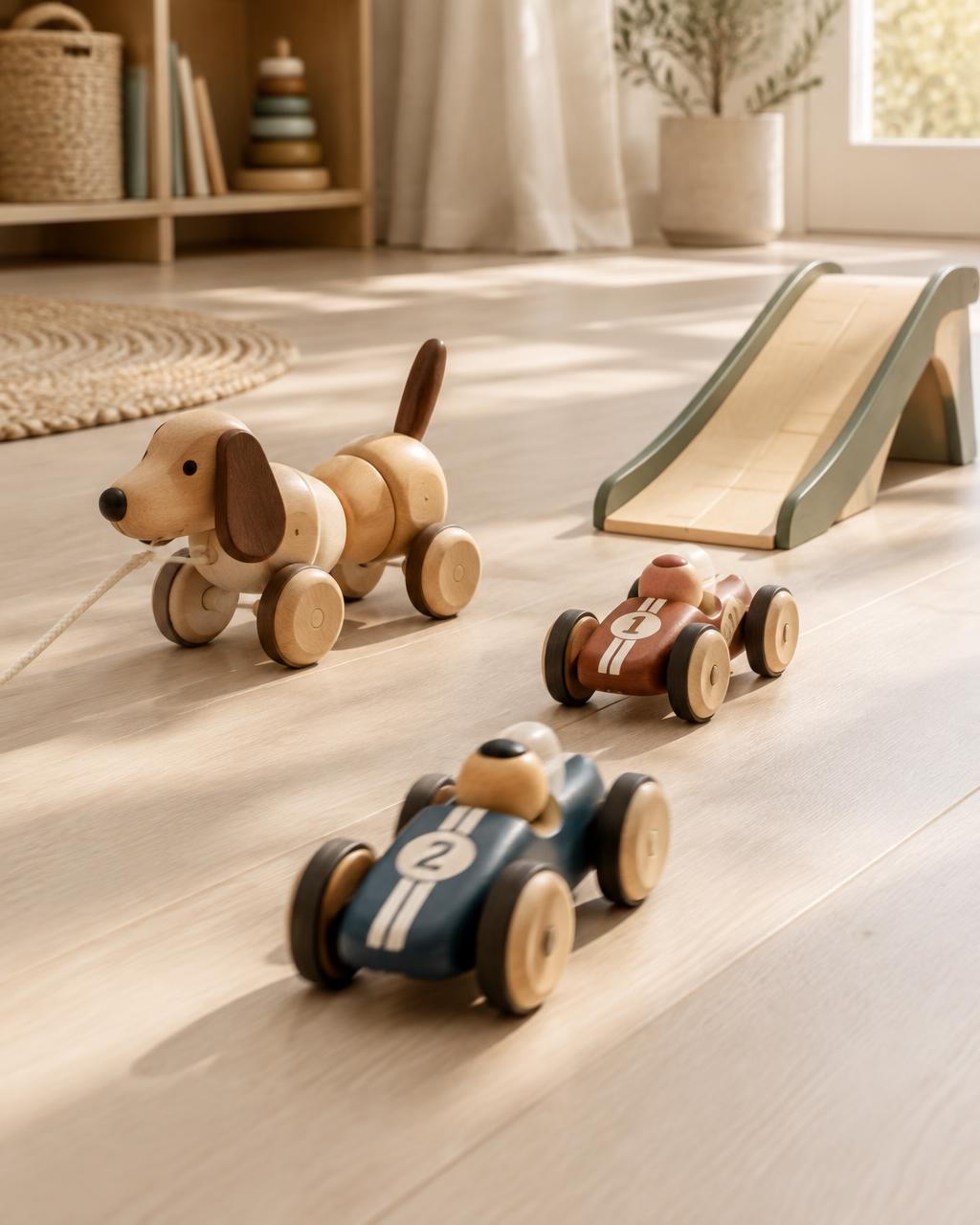 move toys arranged in a playful interior
