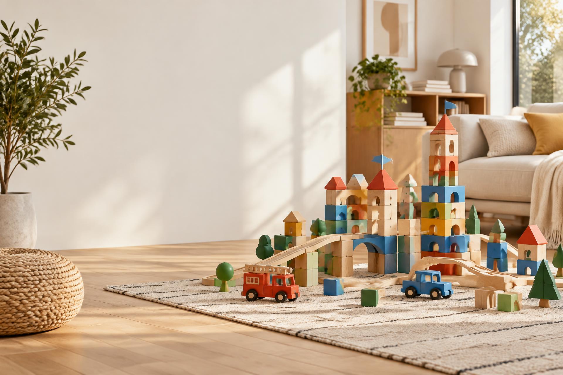 A colorful wooden construction city in a bright family room
