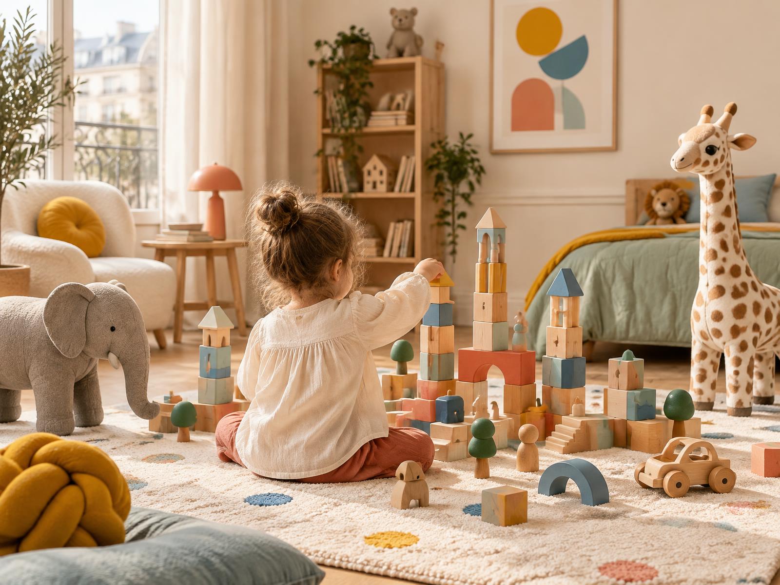 A child creating a city with wooden blocks in a calm room
